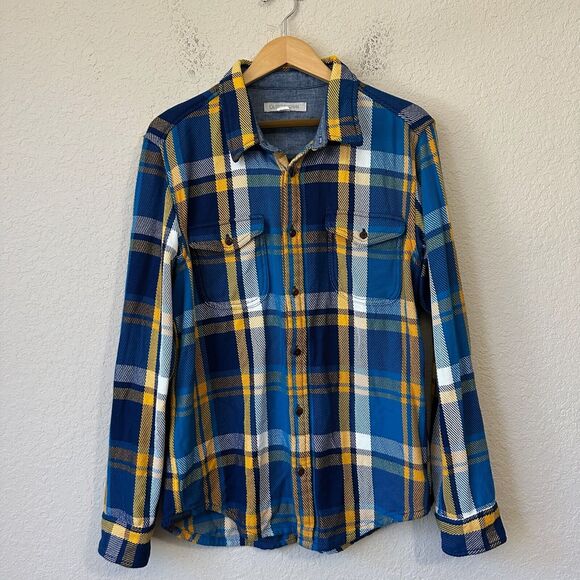 OUTERKNOWN Blanket Shirt Blue Yellow Plaid Button Up Long Sleeve Western - Picture 1 of 9